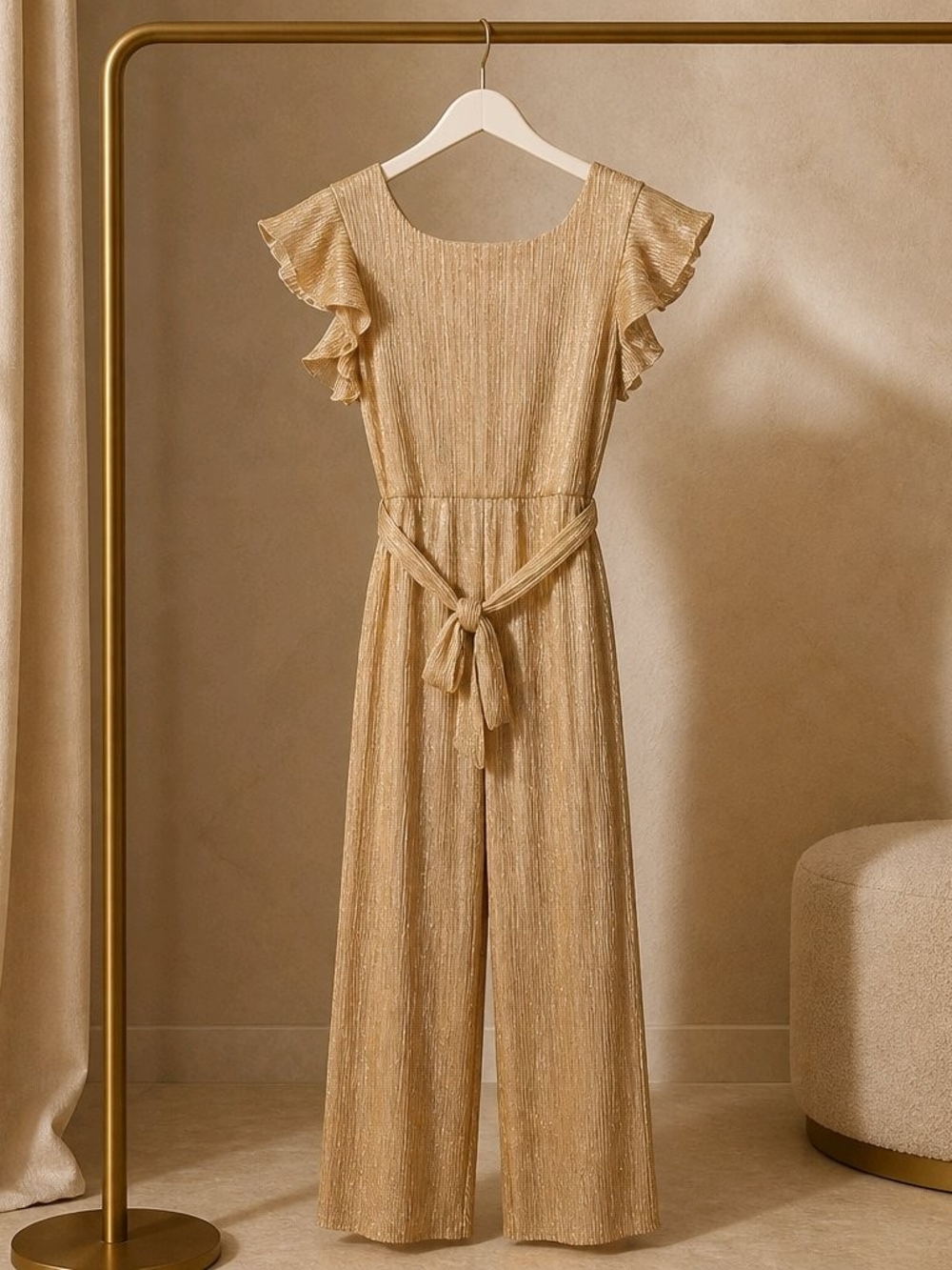 Rare Editions Gold Metallic Flutter-Sleeve Jumpsuit with Tie Waist